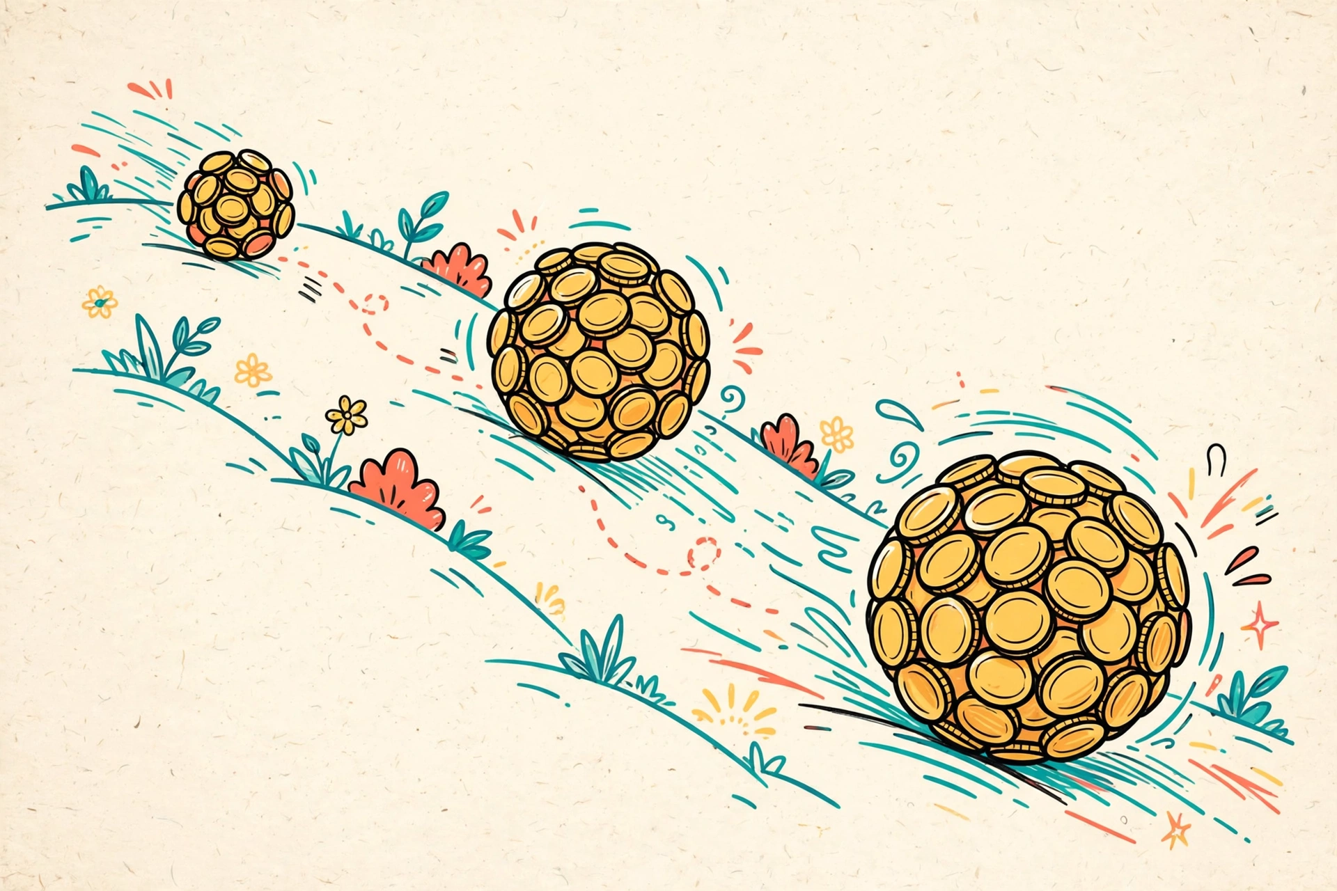 Snowball of coins growing doodle