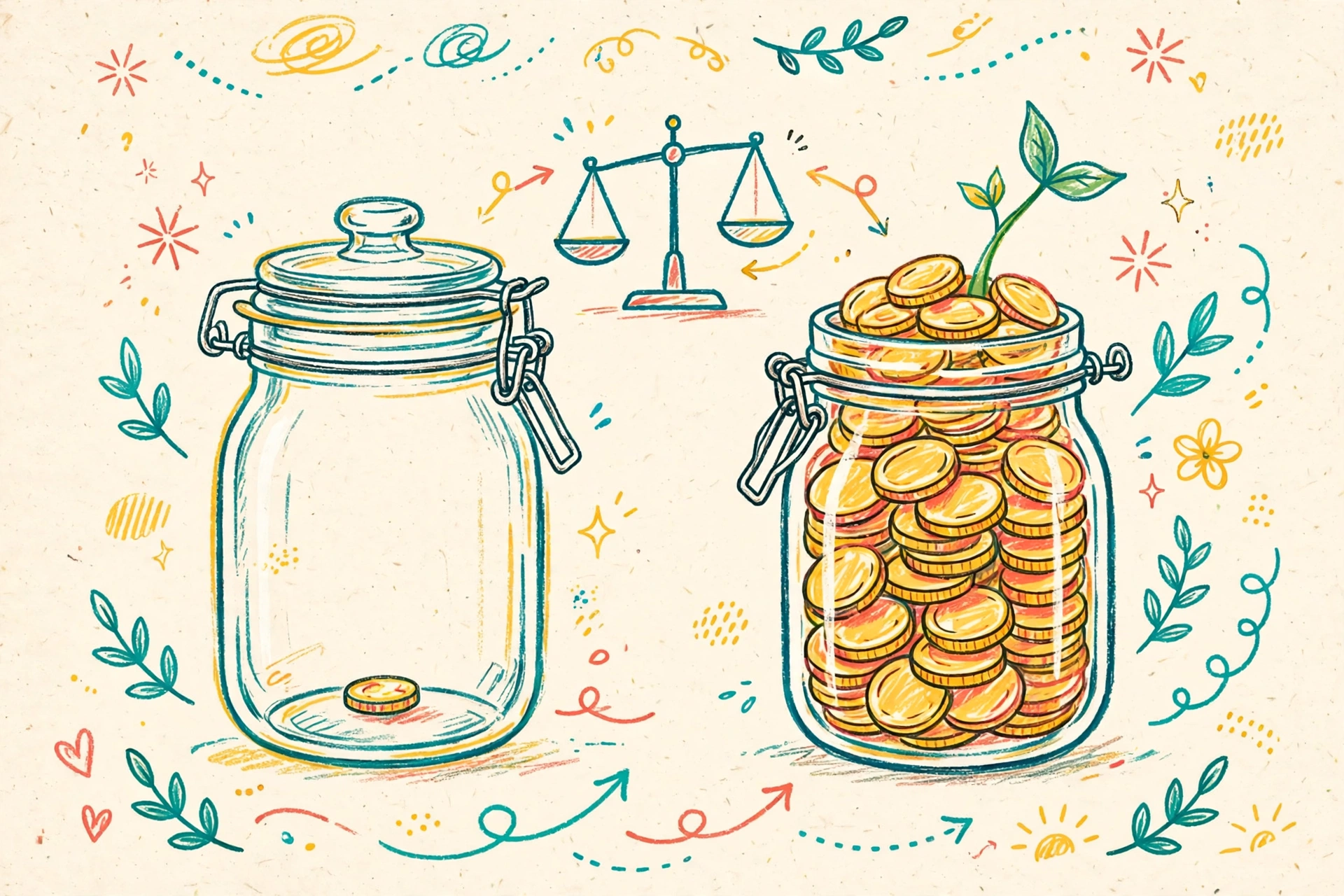 Hand-drawn doodle comparing two savings jars, one with a tiny coin and one with a growing sprout of coins