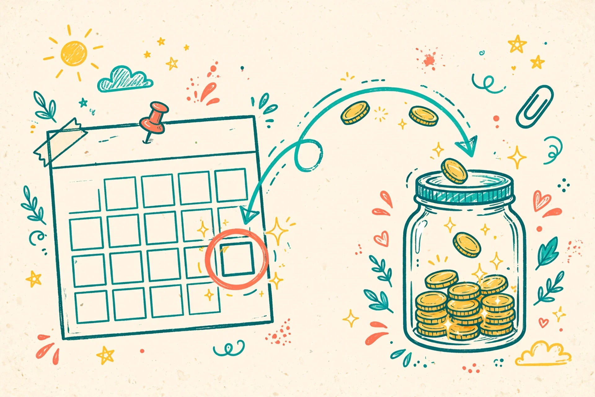 Hand-drawn doodle of a calendar with an automatic arrow moving coins into a savings jar every payday