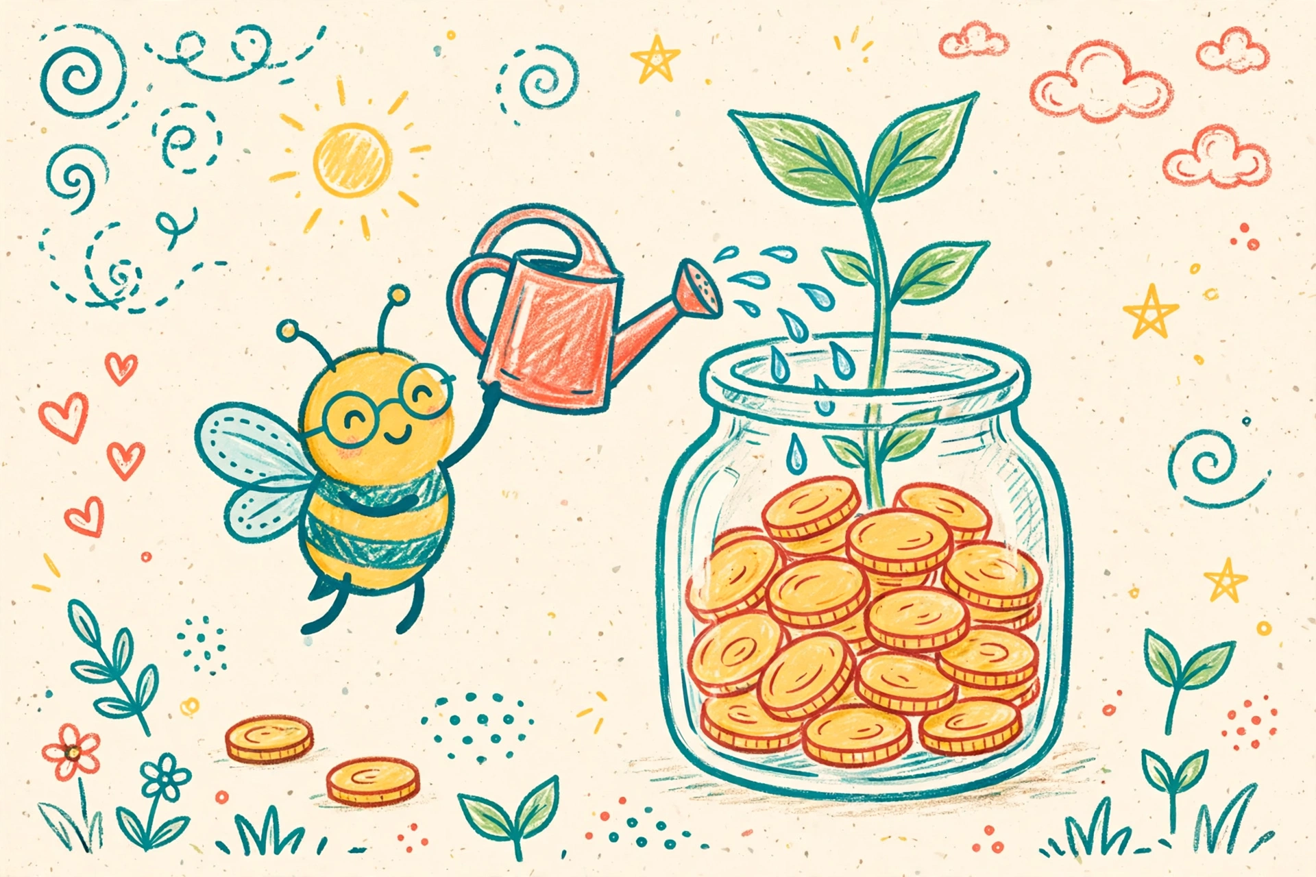 Hand-drawn doodle of a golden bee watering a jar of coins with a growing sprout