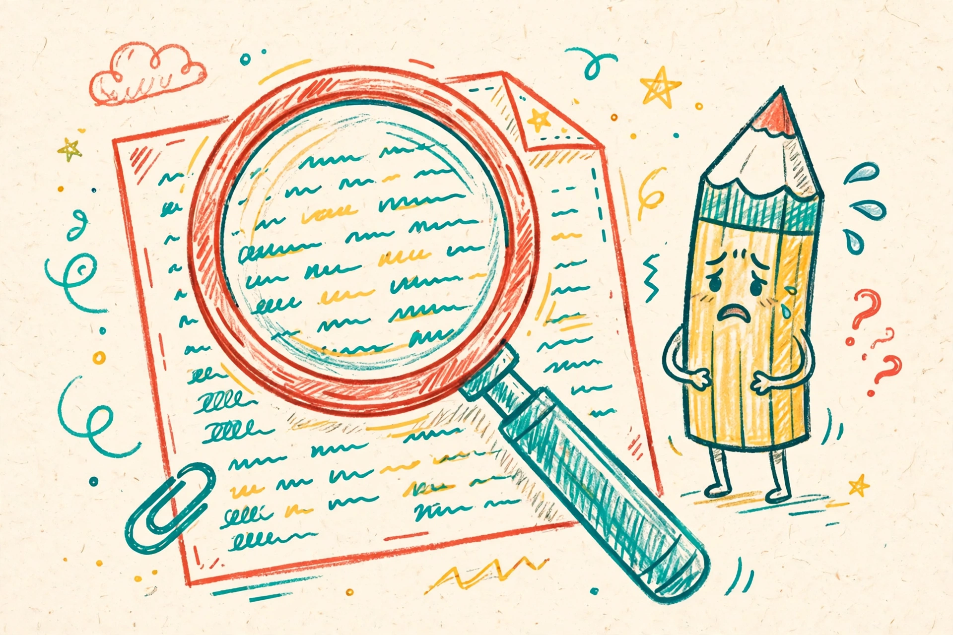 Hand-drawn doodle of a magnifying glass over a savings account agreement with small print