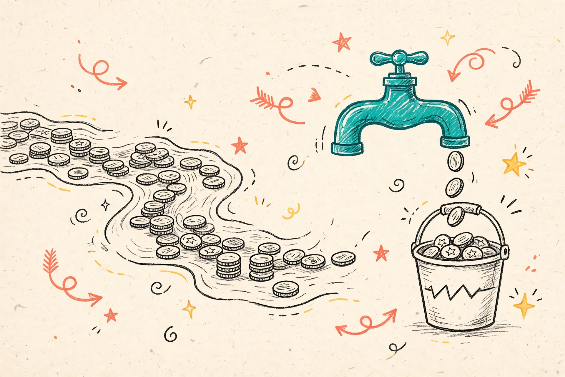 Hand-drawn doodle of uneven income river flowing into a steady faucet