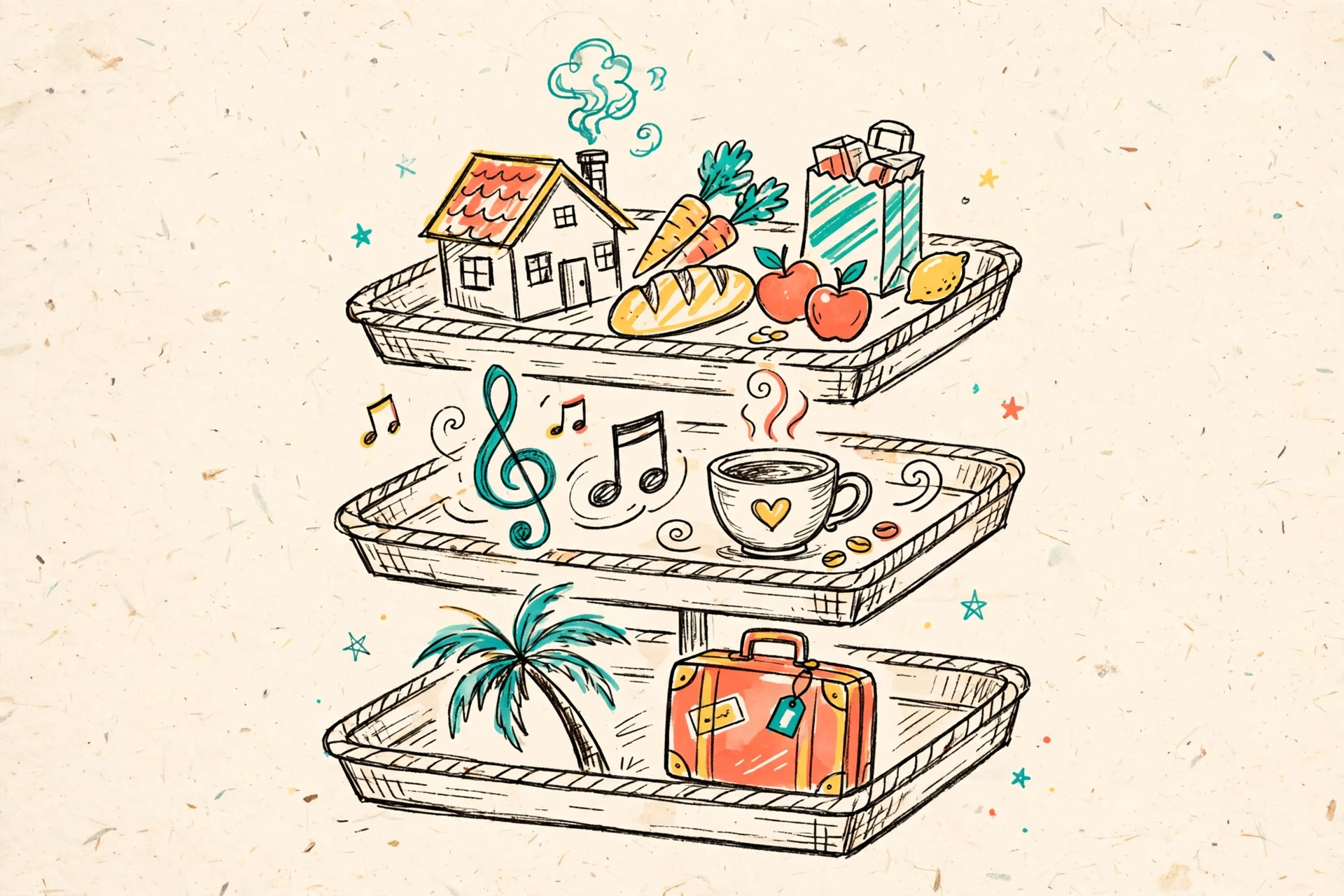 Hand-drawn doodle of three stacked trays labeled must-haves, nice-to-haves, and can wait