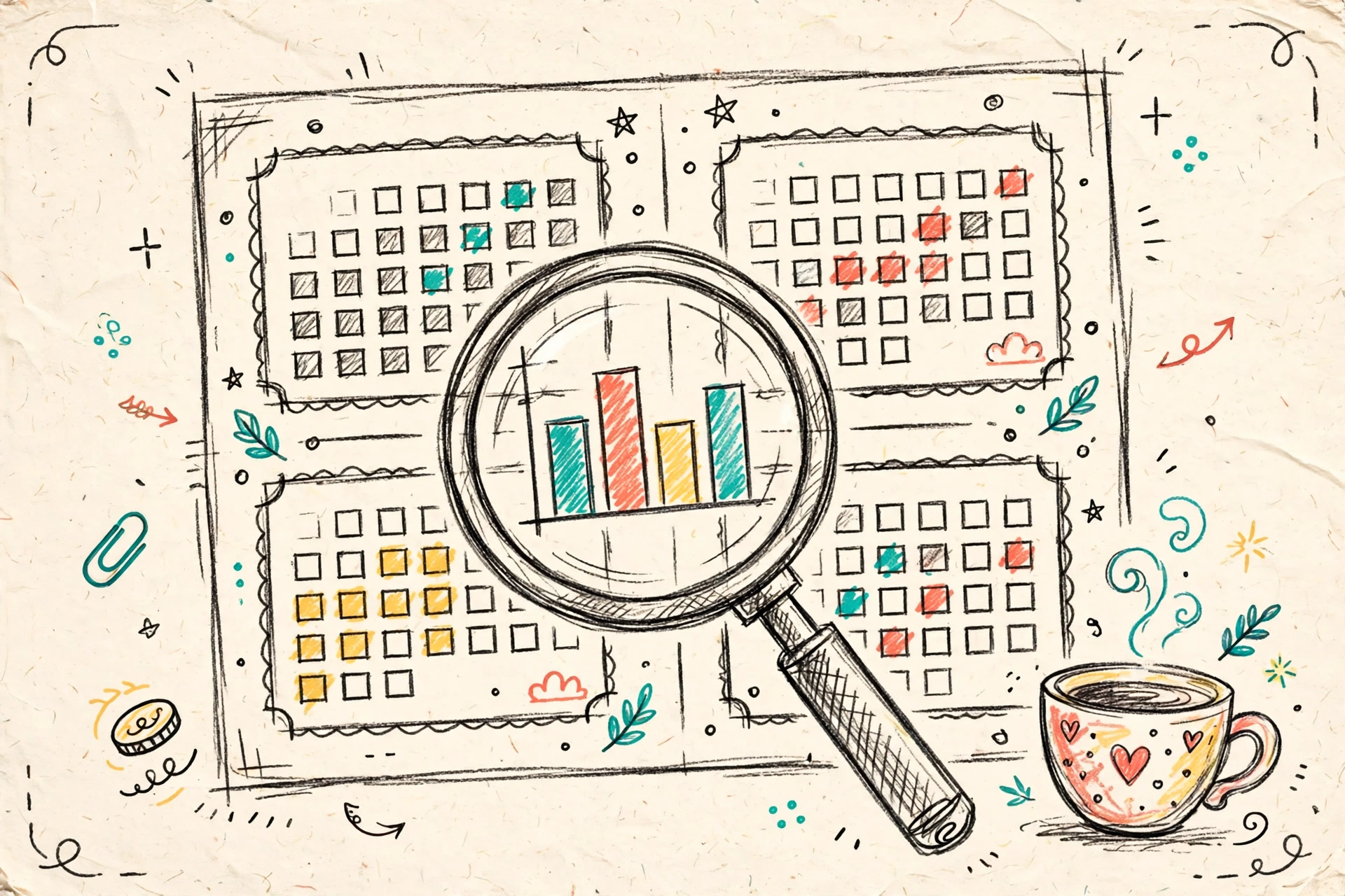 Hand-drawn doodle of a quarterly calendar with a magnifying glass over the numbers