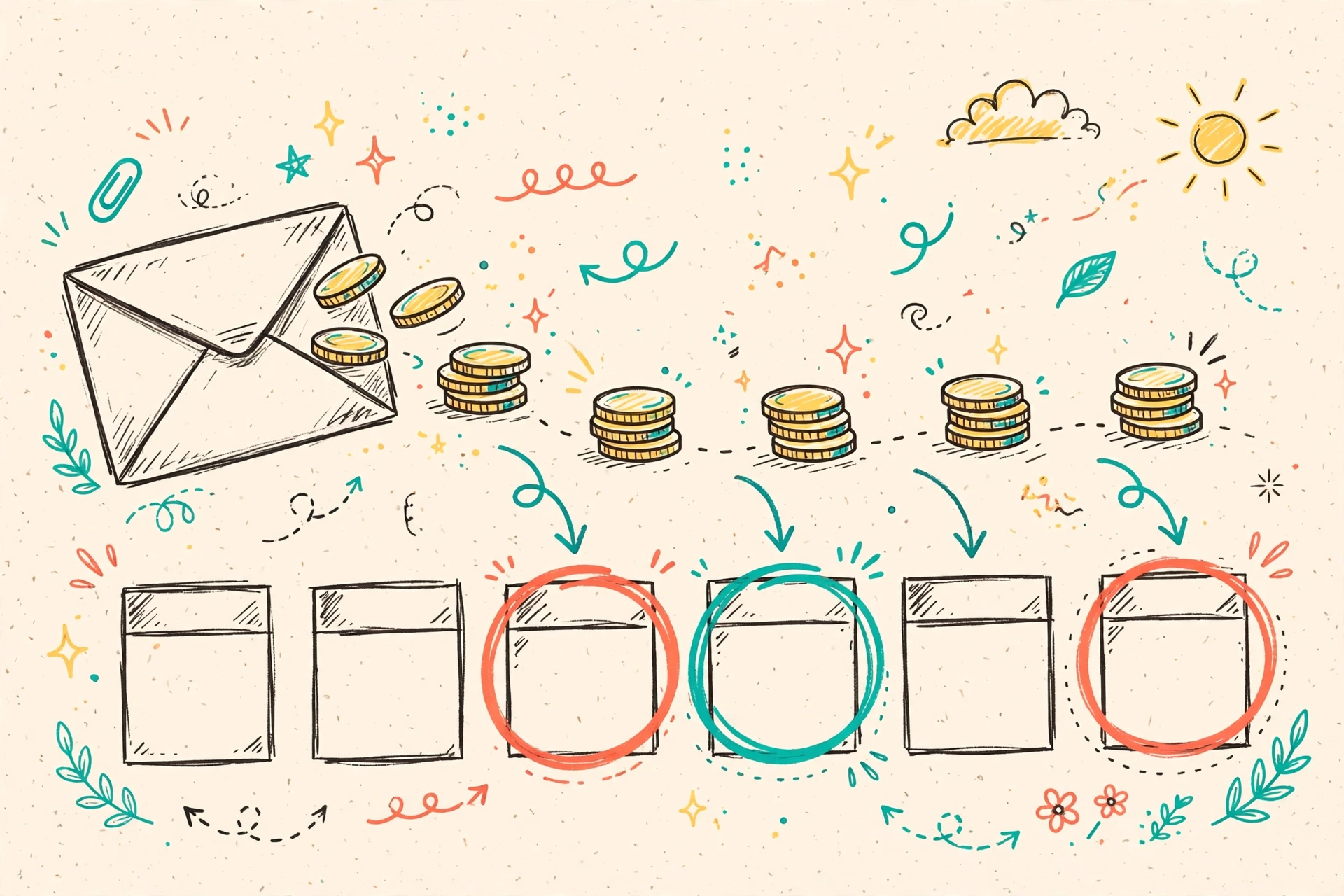 Hand-drawn doodle of a river of coins flowing into a steady faucet labeled payday