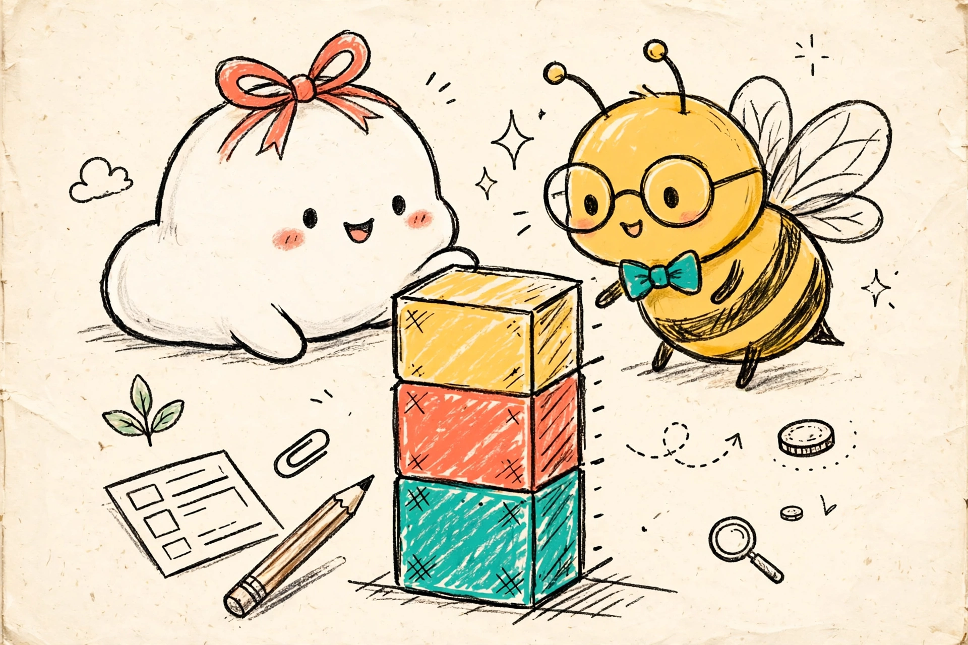Hand-drawn notebook illustration of Dot and Wealthy mascots examining stacked income bars for tax brackets