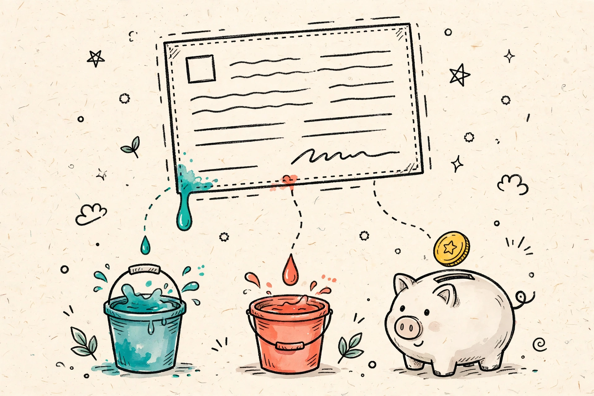 Doodle of a paycheck with withholding dripping into separate buckets and a coin landing in a piggy bank